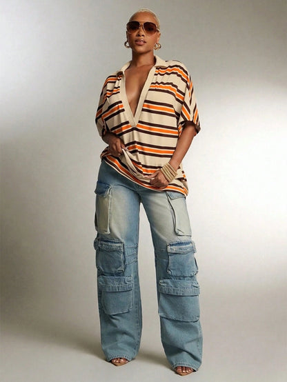 Denimoi Plunge Neck Collared Oversized Striped Polo Top Fashionable Tops, Vintage V Neck Casual Blouse, Daily Comfy