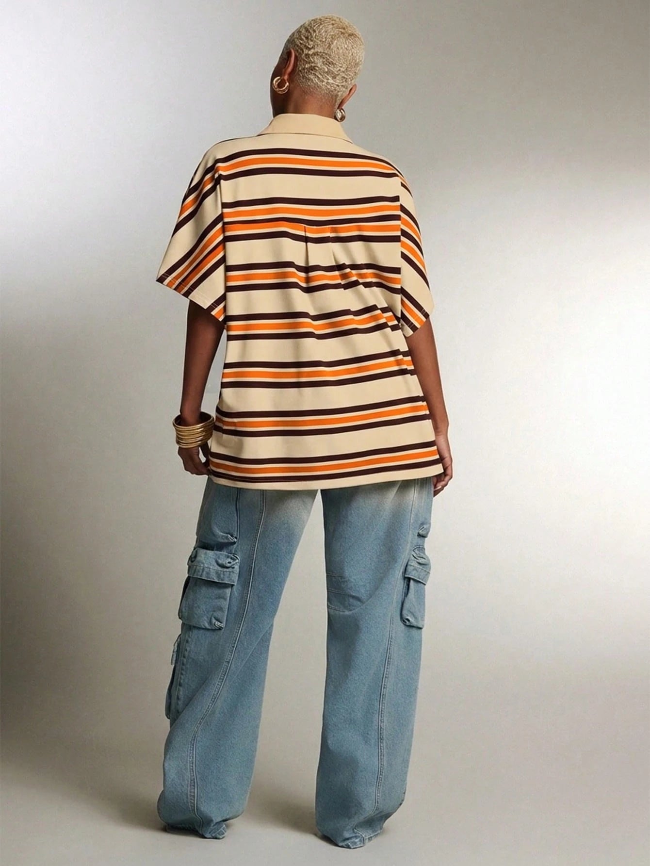Denimoi Plunge Neck Collared Oversized Striped Polo Top Fashionable Tops, Vintage V Neck Casual Blouse, Daily Comfy