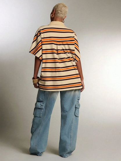 Denimoi Plunge Neck Collared Oversized Striped Polo Top Fashionable Tops, Vintage V Neck Casual Blouse, Daily Comfy