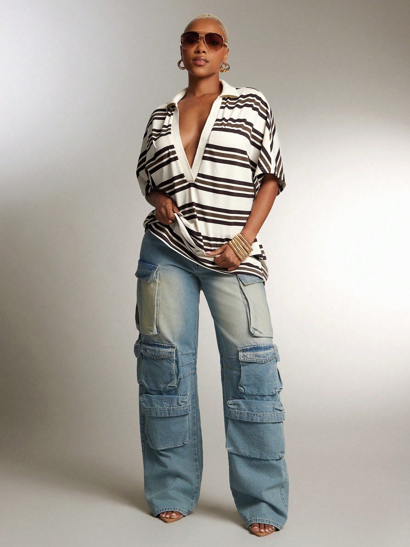 Denimoi Plunge Neck Collared Oversized Striped Polo Top Fashionable Tops, Vintage V Neck Casual Blouse, Daily Comfy
