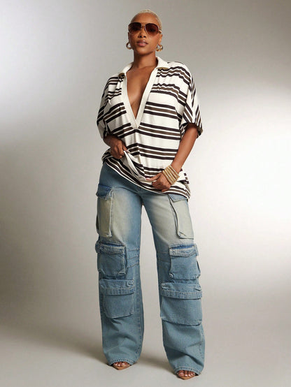 Denimoi Plunge Neck Collared Oversized Striped Polo Top Fashionable Tops, Vintage V Neck Casual Blouse, Daily Comfy
