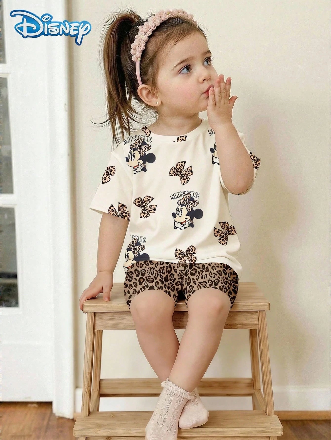 Disney Baby Girls' Mickey Mouse & Minnie Mouse Bow Leopard Print Short Sleeve T-Shirt And Elastic Waist Leopard Print Shorts Set, Cute Summer Casual Vacation Outfit