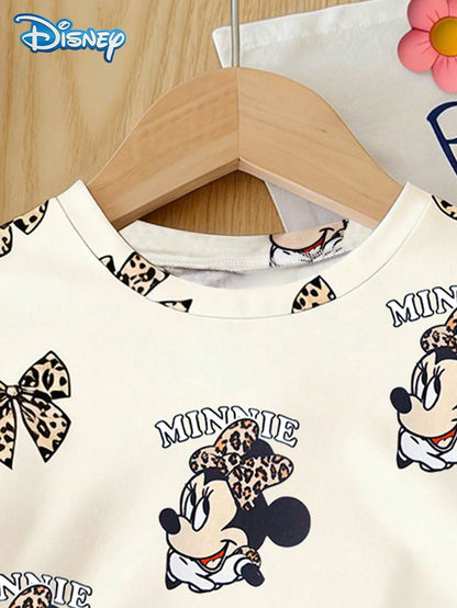 Disney Baby Girls' Mickey Mouse & Minnie Mouse Bow Leopard Print Short Sleeve T-Shirt And Elastic Waist Leopard Print Shorts Set, Cute Summer Casual Vacation Outfit