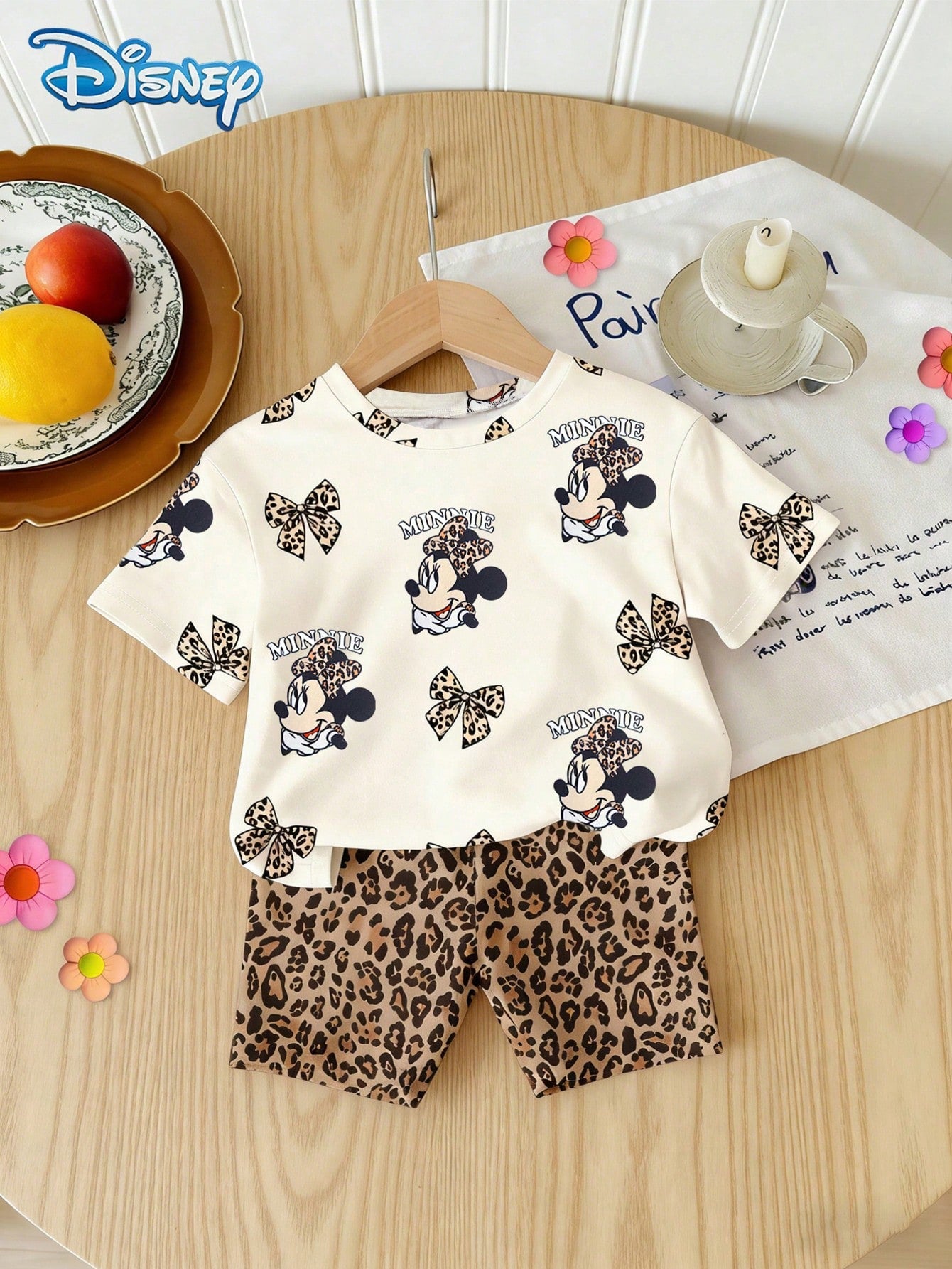 Disney Baby Girls' Mickey Mouse & Minnie Mouse Bow Leopard Print Short Sleeve T-Shirt And Elastic Waist Leopard Print Shorts Set, Cute Summer Casual Vacation Outfit