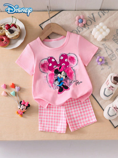 Disney Baby Girls' Minnie Castle Print Short Sleeve T-Shirt And Shorts Set, Cute Casual Summer Vacation Outfit, Pink Plaid Elastic Waist Shorts, Outdoor Apparel