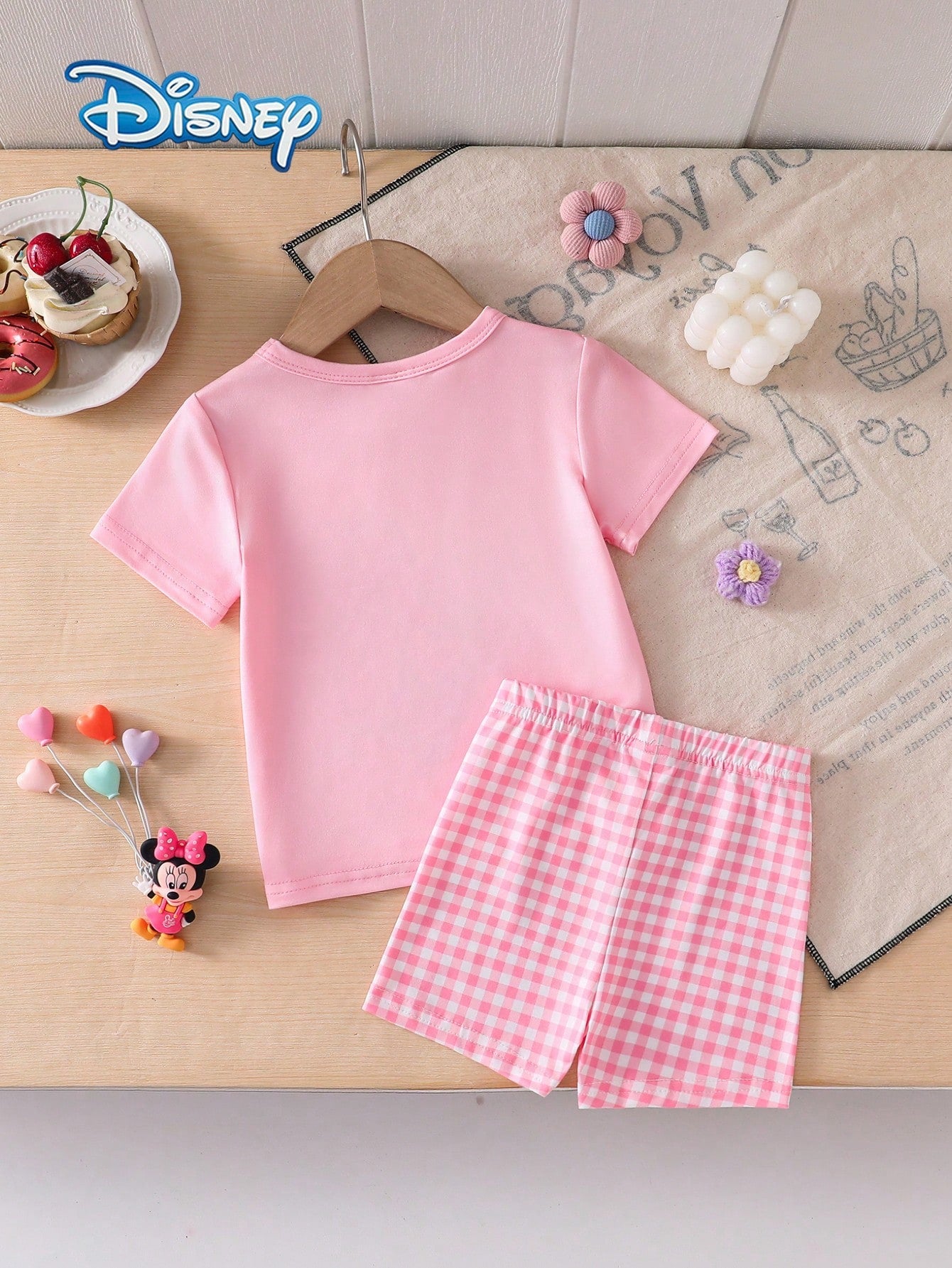 Disney Baby Girls' Minnie Castle Print Short Sleeve T-Shirt And Shorts Set, Cute Casual Summer Vacation Outfit, Pink Plaid Elastic Waist Shorts, Outdoor Apparel