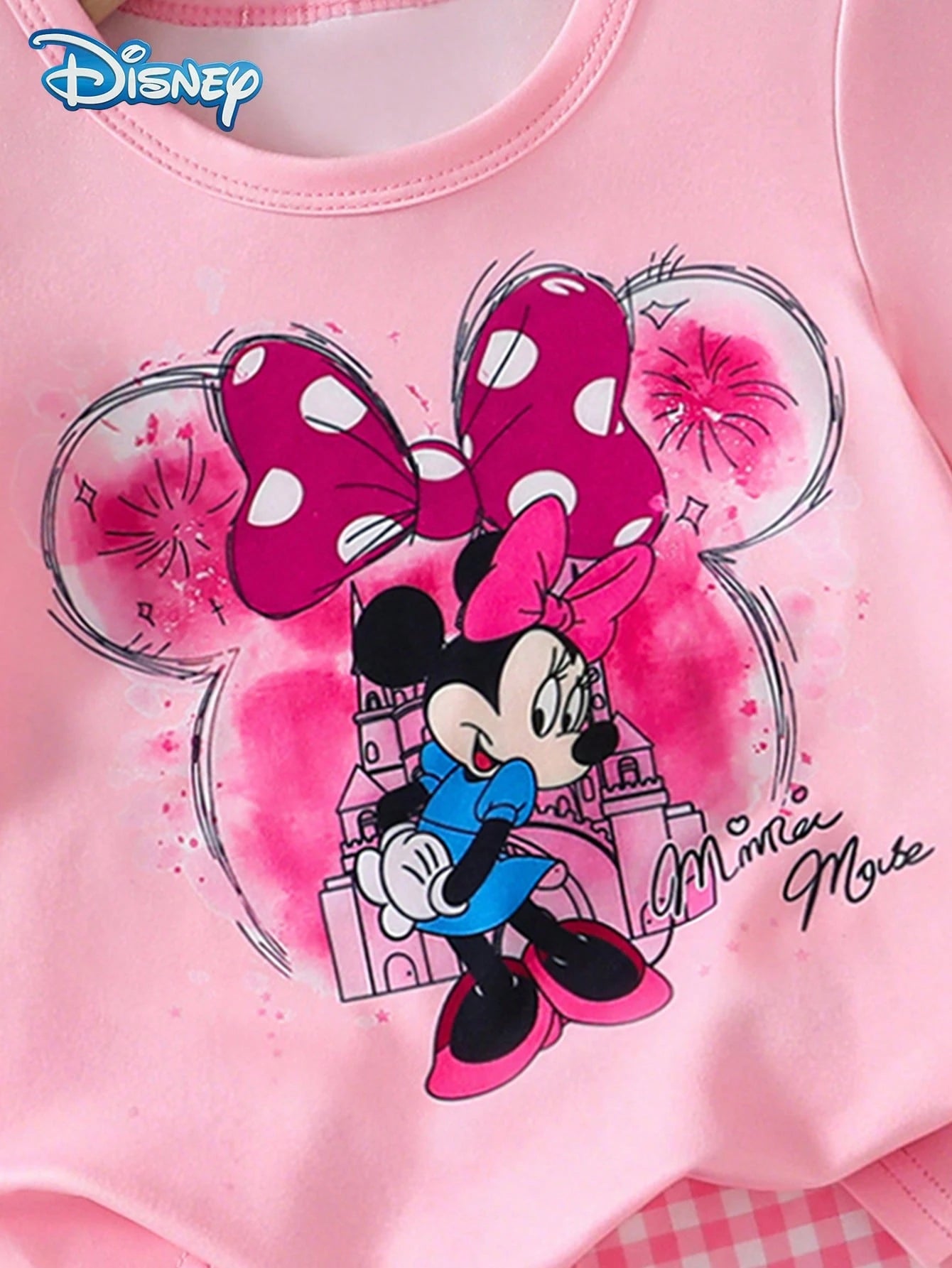Disney Baby Girls' Minnie Castle Print Short Sleeve T-Shirt And Shorts Set, Cute Casual Summer Vacation Outfit, Pink Plaid Elastic Waist Shorts, Outdoor Apparel