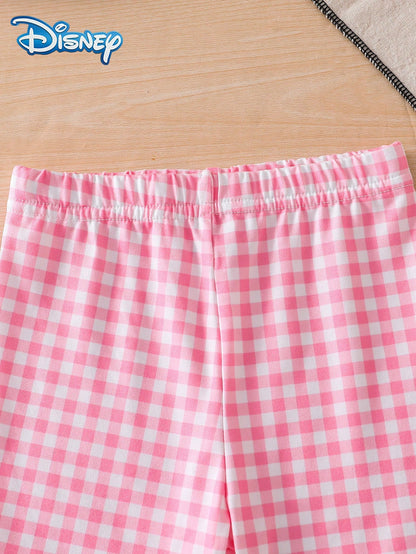 Disney Baby Girls' Minnie Castle Print Short Sleeve T-Shirt And Shorts Set, Cute Casual Summer Vacation Outfit, Pink Plaid Elastic Waist Shorts, Outdoor Apparel