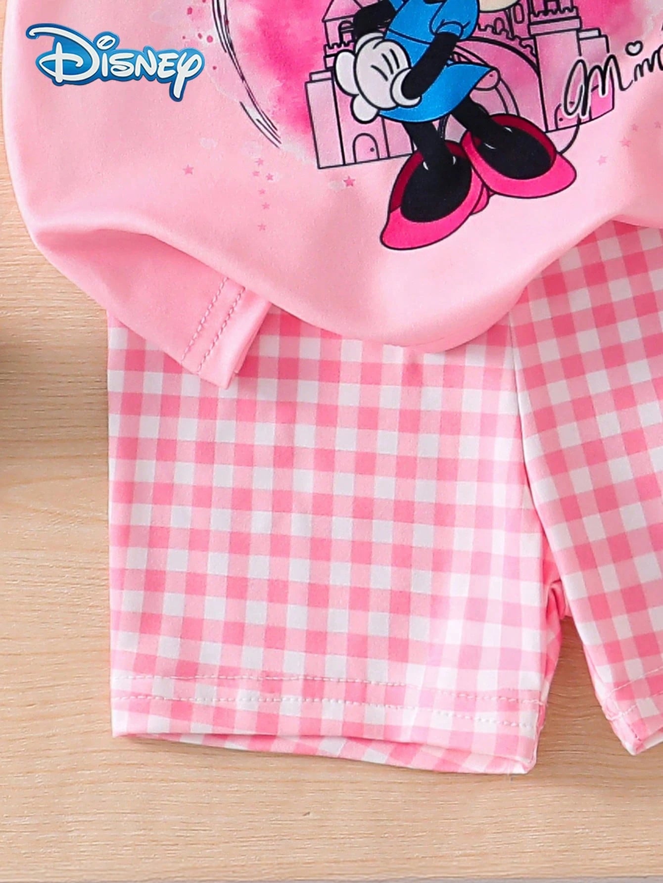 Disney Baby Girls' Minnie Castle Print Short Sleeve T-Shirt And Shorts Set, Cute Casual Summer Vacation Outfit, Pink Plaid Elastic Waist Shorts, Outdoor Apparel