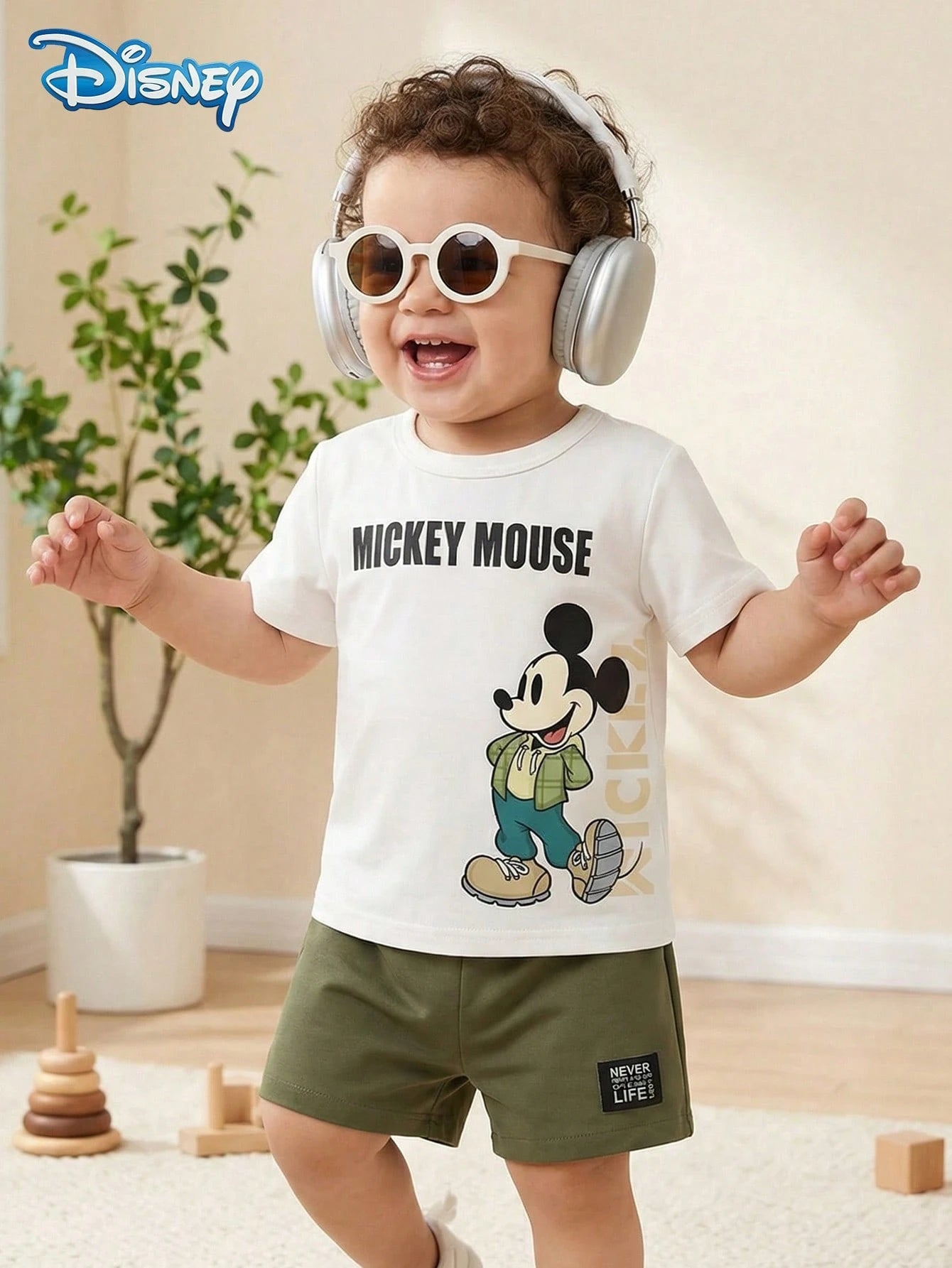 Disney Summer Baby Boy Mickey Mouse Fashionable Street Letter Print Cute Short Sleeve T-Shirt And Shorts Set, Cartoon Pattern With Stretch, Suitable For Newborn Infants Daily Wear