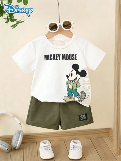Disney Summer Baby Boy Mickey Mouse Fashionable Street Letter Print Cute Short Sleeve T-Shirt And Shorts Set, Cartoon Pattern With Stretch, Suitable For Newborn Infants Daily Wear