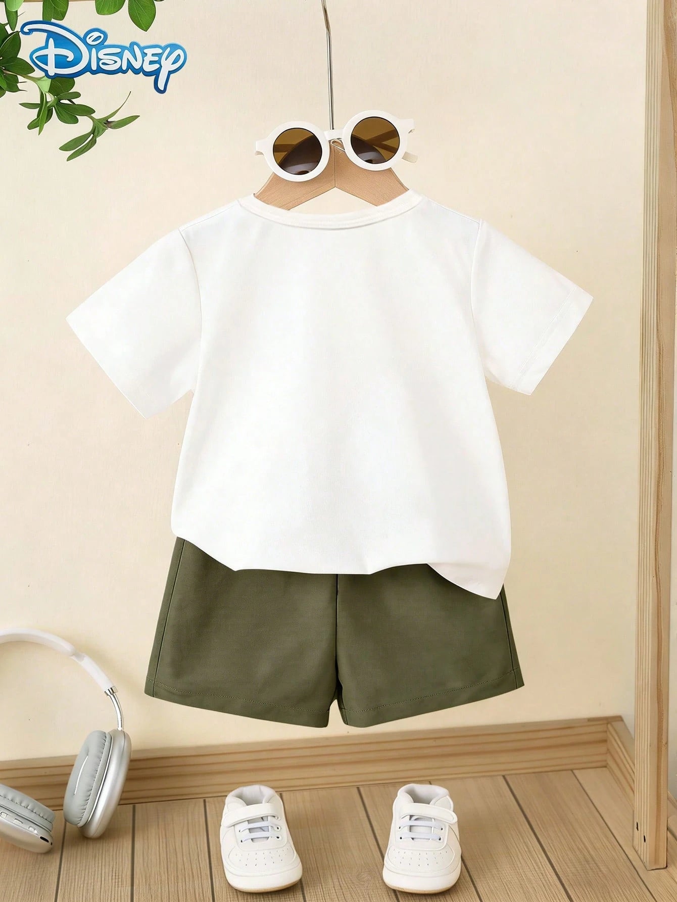 Disney Summer Baby Boy Mickey Mouse Fashionable Street Letter Print Cute Short Sleeve T-Shirt And Shorts Set, Cartoon Pattern With Stretch, Suitable For Newborn Infants Daily Wear