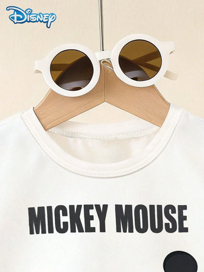 Disney Summer Baby Boy Mickey Mouse Fashionable Street Letter Print Cute Short Sleeve T-Shirt And Shorts Set, Cartoon Pattern With Stretch, Suitable For Newborn Infants Daily Wear