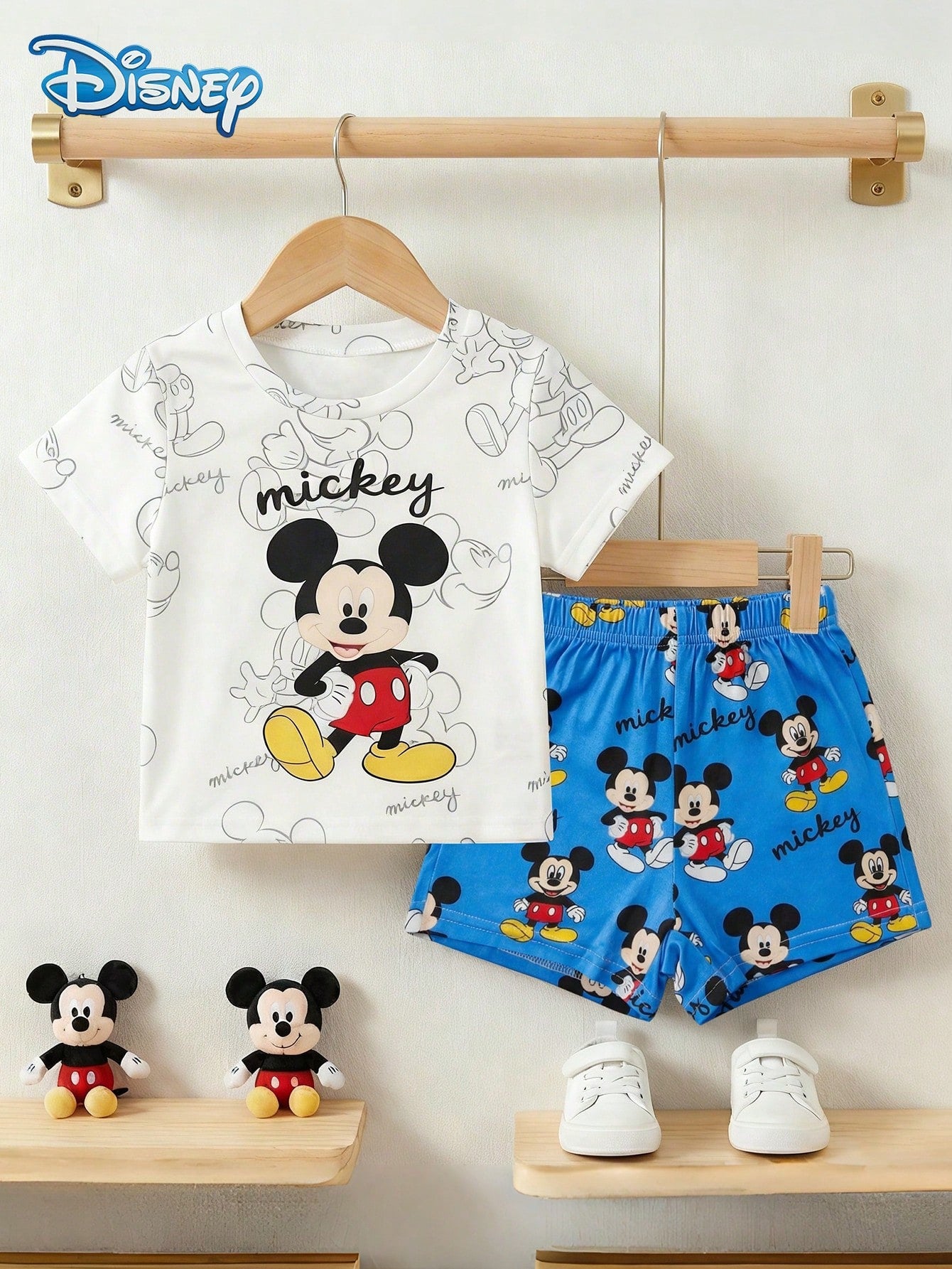 Disney Summer Baby Boy Mickey Mouse Graphic Print Short Sleeve T-Shirt And Navy Blue Shorts Set, Cartoon Pattern, Stretchy, Suitable For Newborn Infants Daily Wear