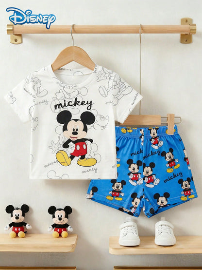 Disney Summer Baby Boy Mickey Mouse Graphic Print Short Sleeve T-Shirt And Navy Blue Shorts Set, Cartoon Pattern, Stretchy, Suitable For Newborn Infants Daily Wear