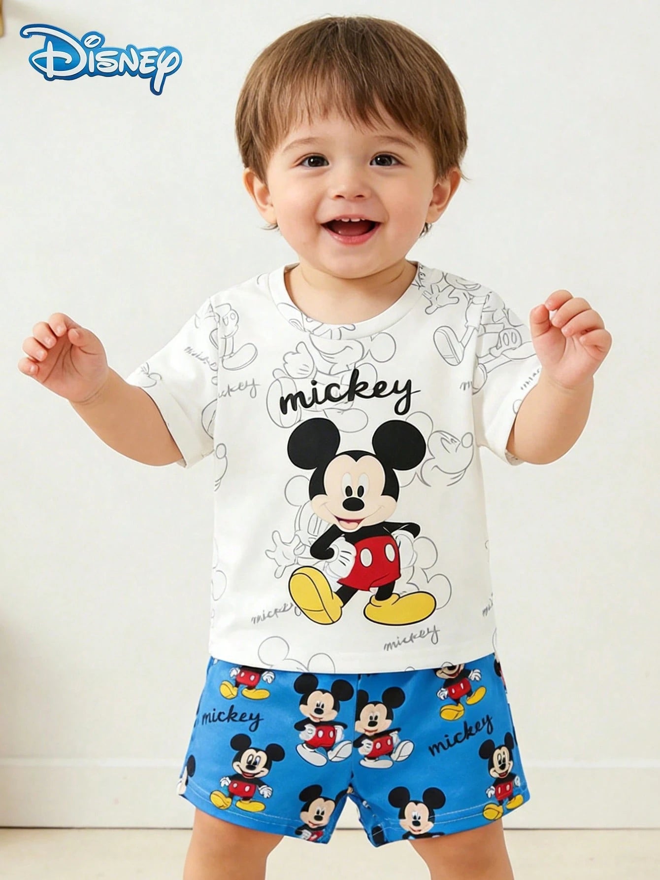Disney Summer Baby Boy Mickey Mouse Graphic Print Short Sleeve T-Shirt And Navy Blue Shorts Set, Cartoon Pattern, Stretchy, Suitable For Newborn Infants Daily Wear