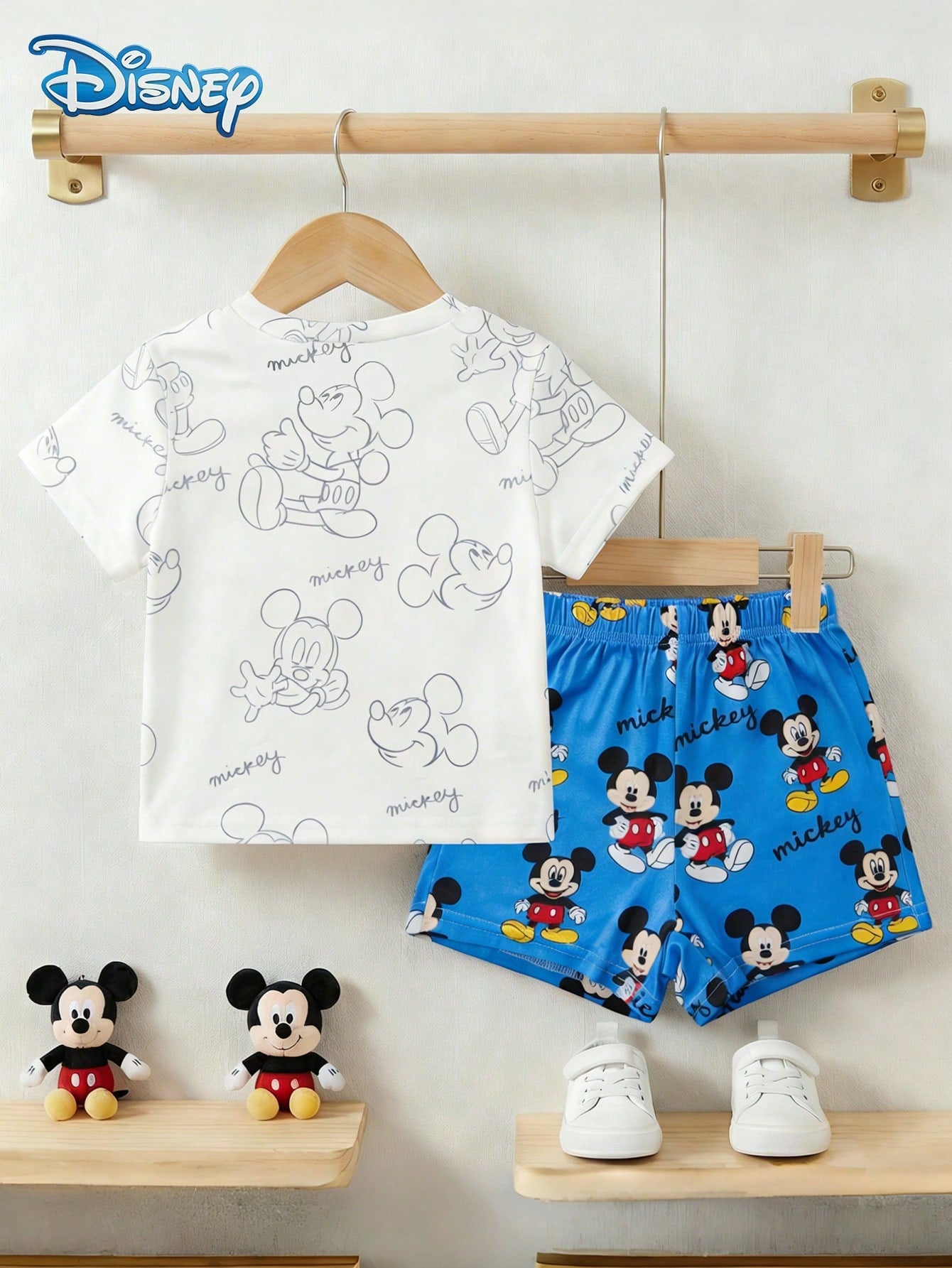 Disney Summer Baby Boy Mickey Mouse Graphic Print Short Sleeve T-Shirt And Navy Blue Shorts Set, Cartoon Pattern, Stretchy, Suitable For Newborn Infants Daily Wear