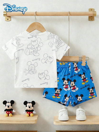 Disney Summer Baby Boy Mickey Mouse Graphic Print Short Sleeve T-Shirt And Navy Blue Shorts Set, Cartoon Pattern, Stretchy, Suitable For Newborn Infants Daily Wear