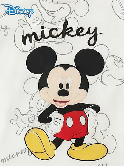 Disney Summer Baby Boy Mickey Mouse Graphic Print Short Sleeve T-Shirt And Navy Blue Shorts Set, Cartoon Pattern, Stretchy, Suitable For Newborn Infants Daily Wear