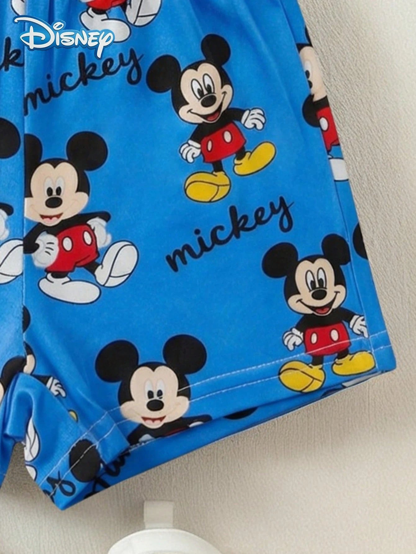 Disney Summer Baby Boy Mickey Mouse Graphic Print Short Sleeve T-Shirt And Navy Blue Shorts Set, Cartoon Pattern, Stretchy, Suitable For Newborn Infants Daily Wear