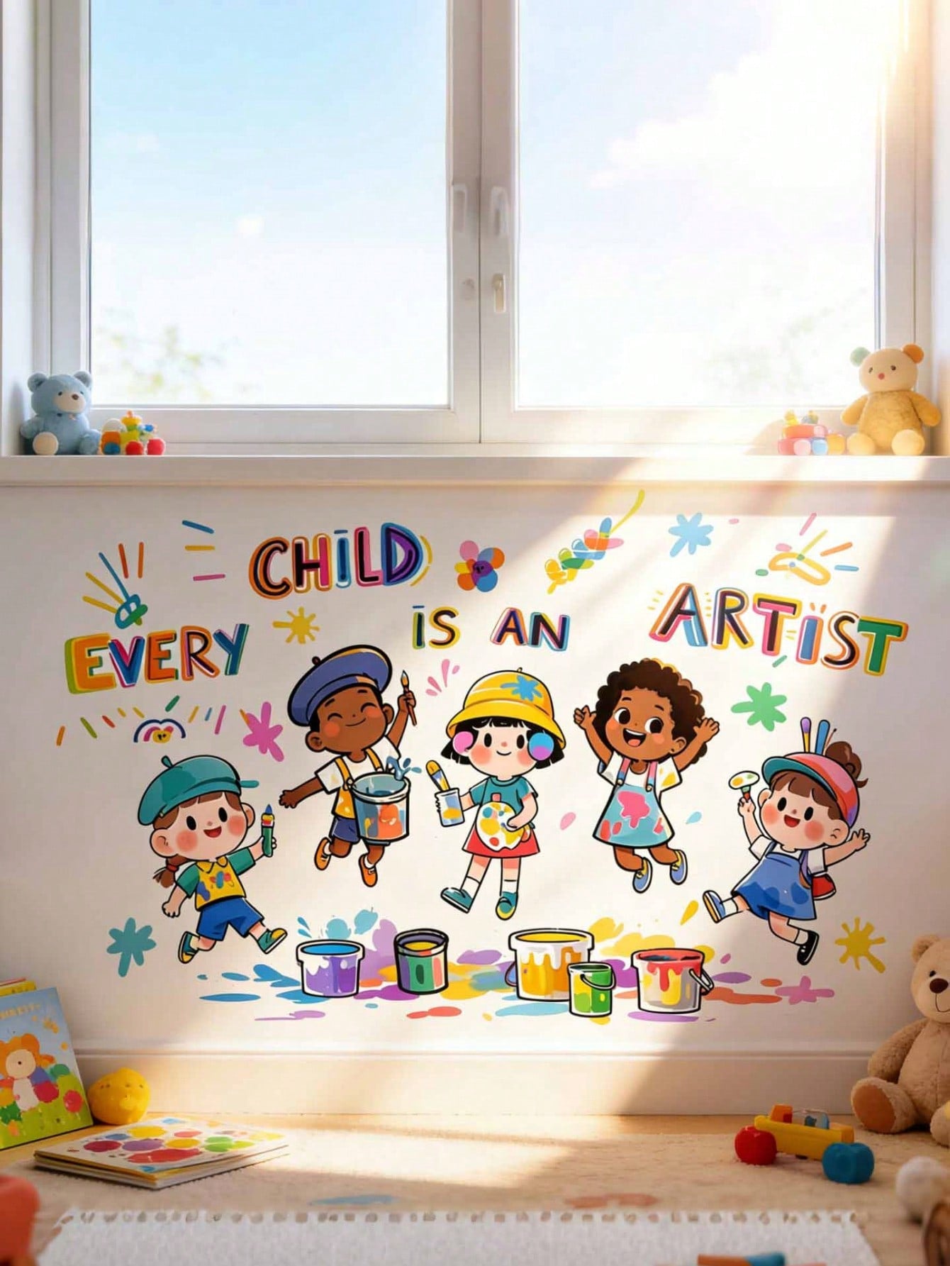 Doodle Party Watercolor Crayons Self-Adhesive Cartoon Anime Wall Stickers For Kids Room Nursery Decorative Paper Art