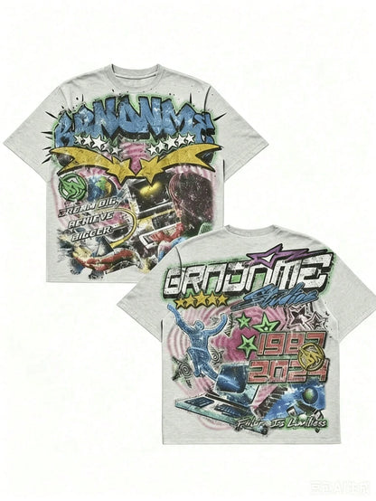 Double Sided Printing (220 Cotton-Shirt) 'GRNONME' Letters And Sci-Fi Patterns Double Sided Printing Men's Summer Round Neck Short Sleeved Casual Co