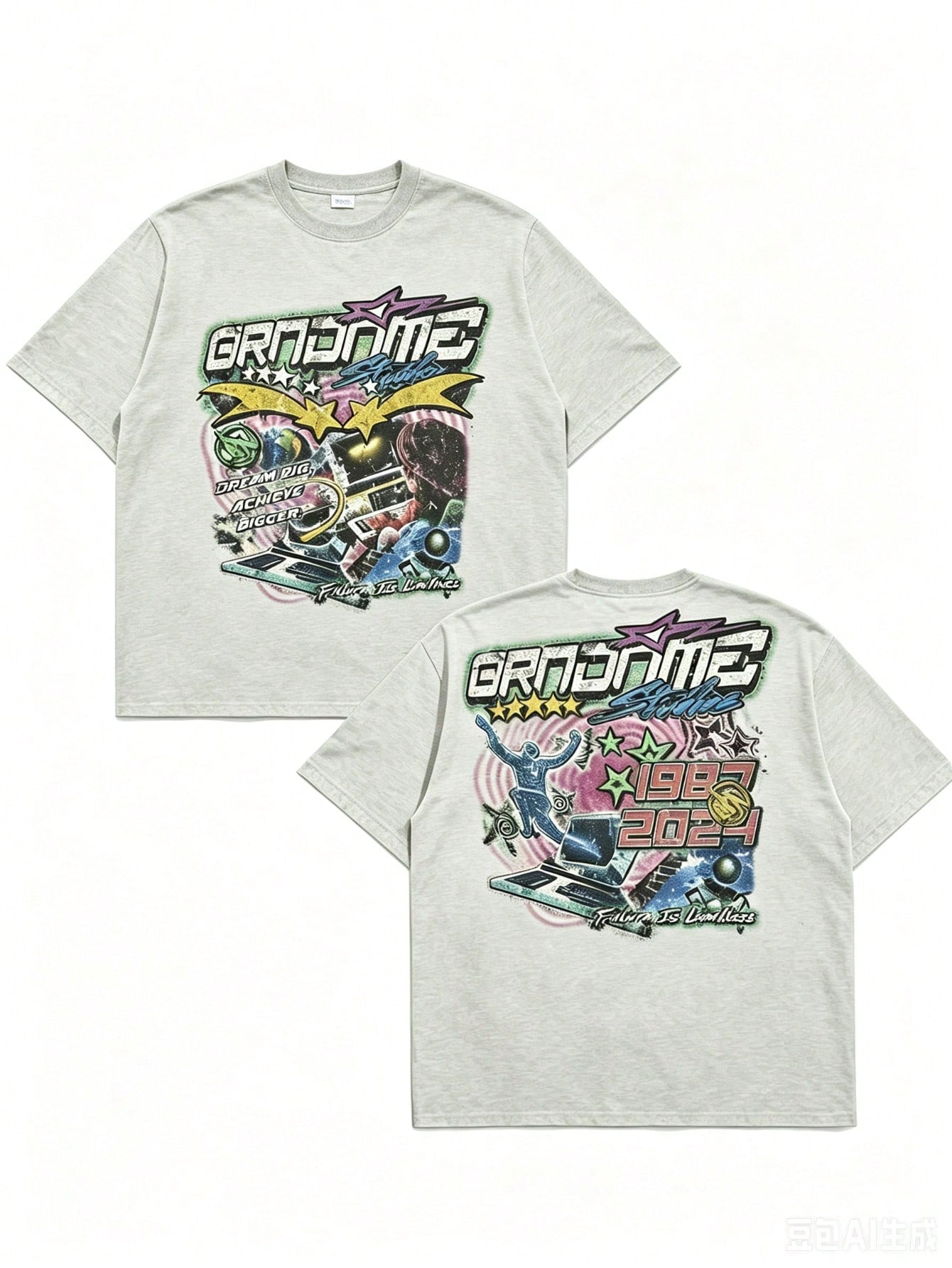 Double Sided Printing (220 Cotton-Shirt) 'GRNONME' Letters And Sci-Fi Patterns Double Sided Printing Men's Summer Round Neck Short Sleeved Casual Co