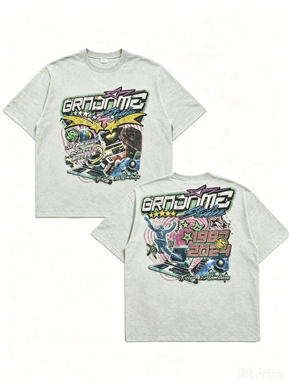Double Sided Printing (220 Cotton-Shirt) 'GRNONME' Letters And Sci-Fi Patterns Double Sided Printing Men's Summer Round Neck Short Sleeved Casual Co