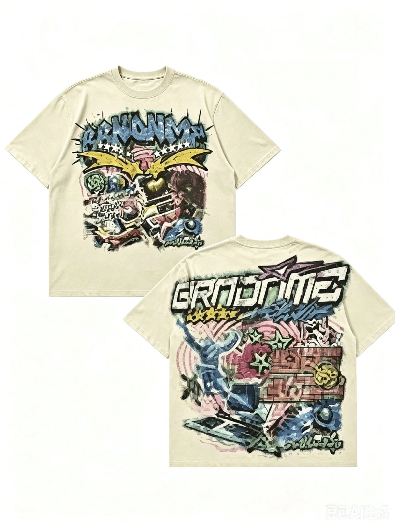 Double Sided Printing (220 Cotton-Shirt) 'GRNONME' Letters And Sci-Fi Patterns Double Sided Printing Men's Summer Round Neck Short Sleeved Casual Co