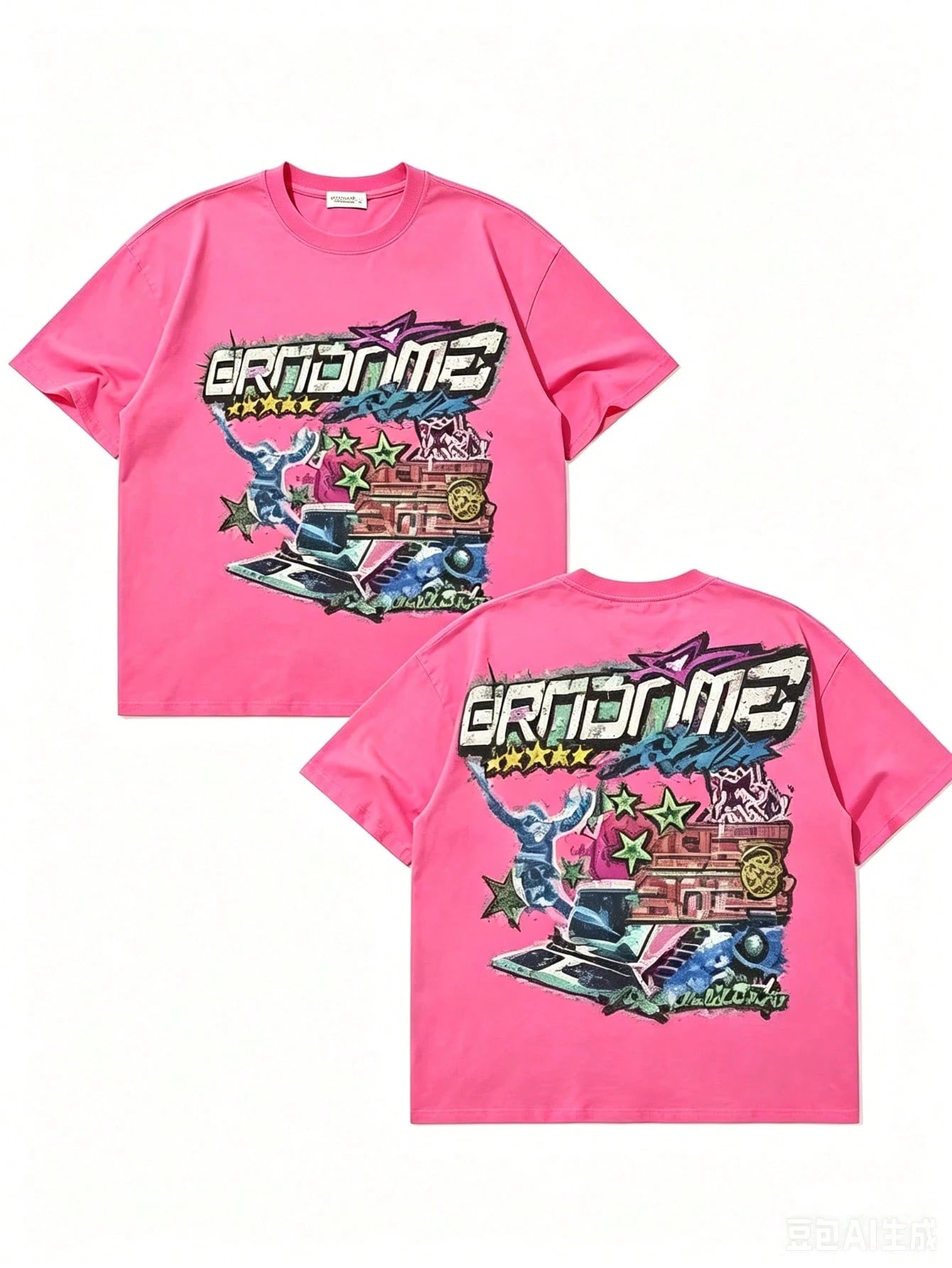 Double Sided Printing (220 Cotton-Shirt) 'GRNONME' Letters And Sci-Fi Patterns Double Sided Printing Men's Summer Round Neck Short Sleeved Casual Co
