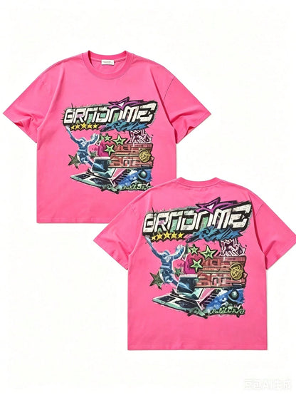 Double Sided Printing (220 Cotton-Shirt) 'GRNONME' Letters And Sci-Fi Patterns Double Sided Printing Men's Summer Round Neck Short Sleeved Casual Co