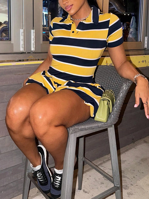 DOUCIU Striped Print Ruffle Short Sleeve Polo Collar Dress, Casual Street Style