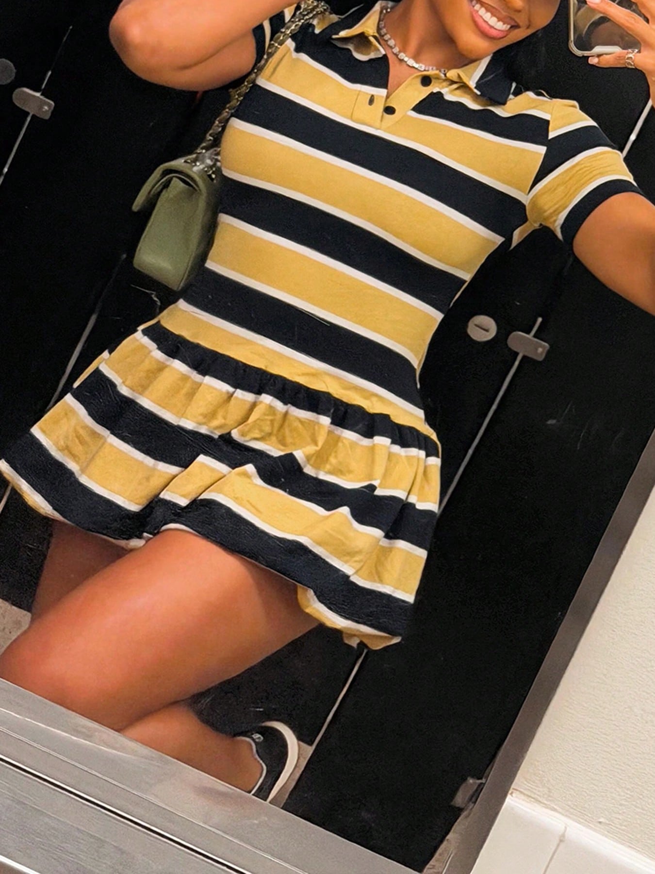 DOUCIU Striped Print Ruffle Short Sleeve Polo Collar Dress, Casual Street Style