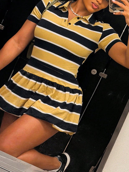 DOUCIU Striped Print Ruffle Short Sleeve Polo Collar Dress, Casual Street Style