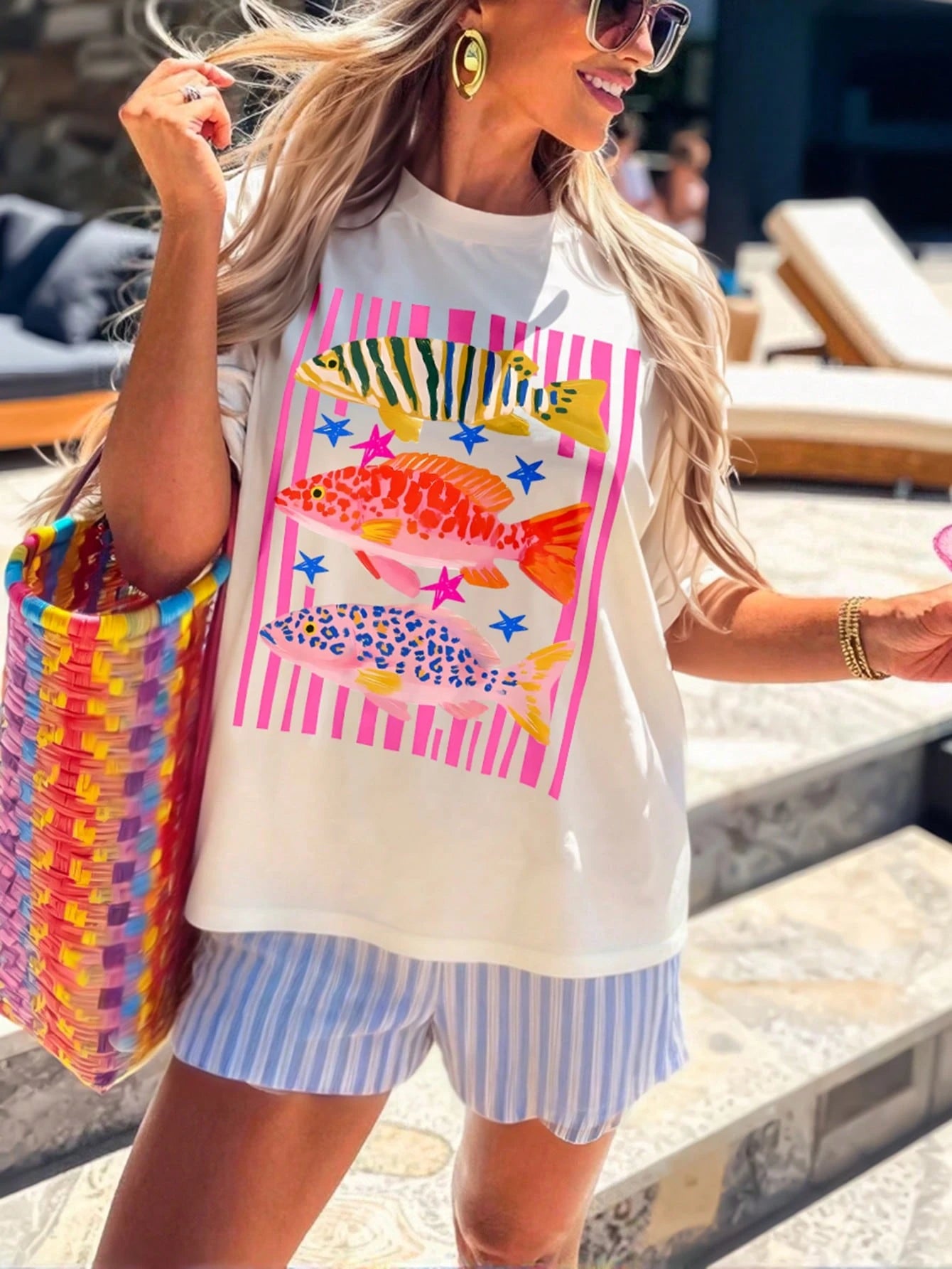 DrmWander Plus Size Women Fish Print Round Neck Casual Loose T-Shirt Vacation White Summer