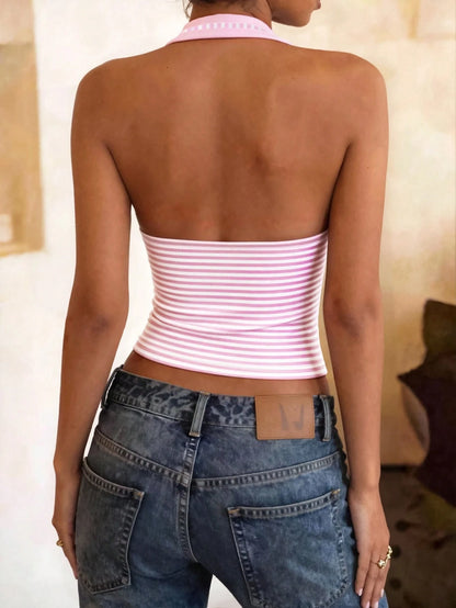 DrmWander Plus Size Women's Striped Colorblock Halter Neck Fitted Versatile Daily Casual Top