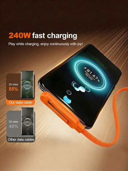 Durcord 2-In-1 240W (Max) Fast Charging Foldable Stand Data Cable, Orange/Black And Orange Phone Charger/Car Charger Accessories, Nylon Braided Cable Fast Charging, Foldable Phone/Tablet Stand Type-C