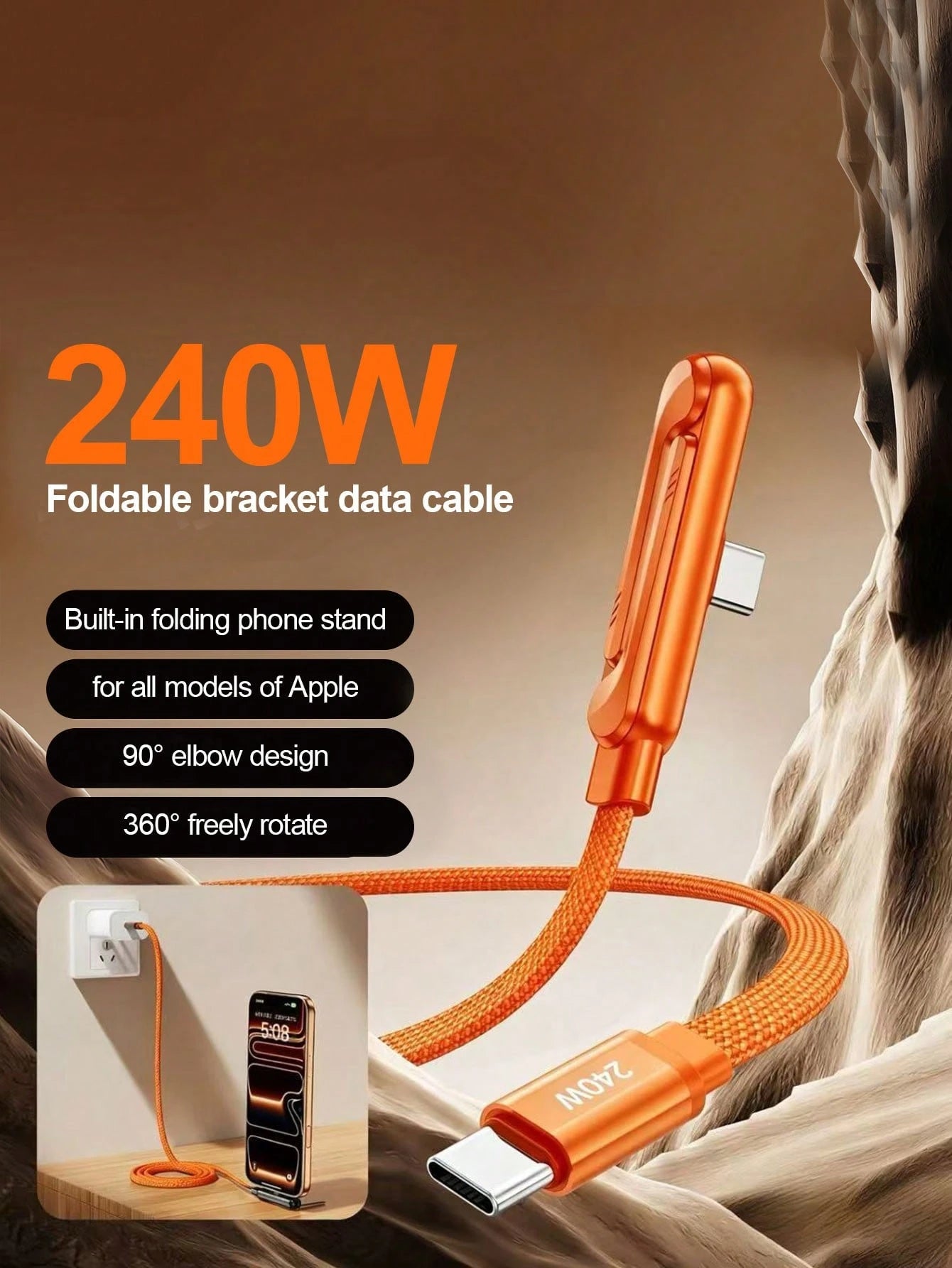 Durcord 2-In-1 240W (Max) Fast Charging Foldable Stand Data Cable, Orange/Black And Orange Phone Charger/Car Charger Accessories, Nylon Braided Cable Fast Charging, Foldable Phone/Tablet Stand Type-C