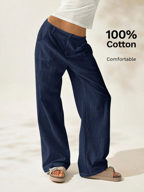 Easelle Plain Casual Straight Leg Trousers With Pockets, Low-Rise