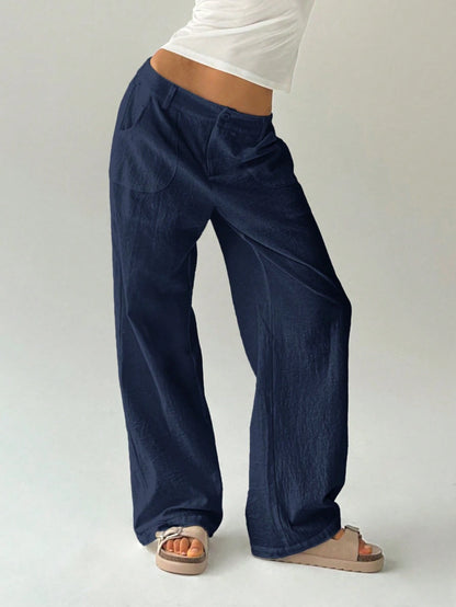 Easelle Plain Casual Straight Leg Trousers With Pockets, Low-Rise