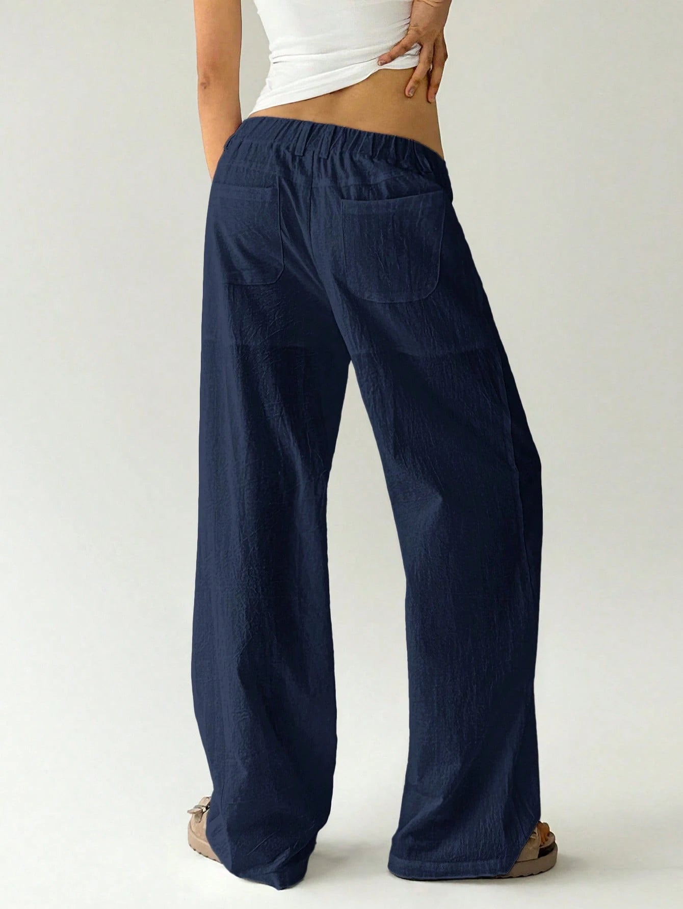 Easelle Plain Casual Straight Leg Trousers With Pockets, Low-Rise