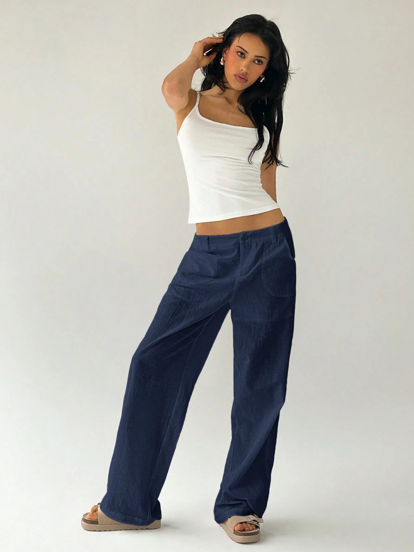 Easelle Plain Casual Straight Leg Trousers With Pockets, Low-Rise