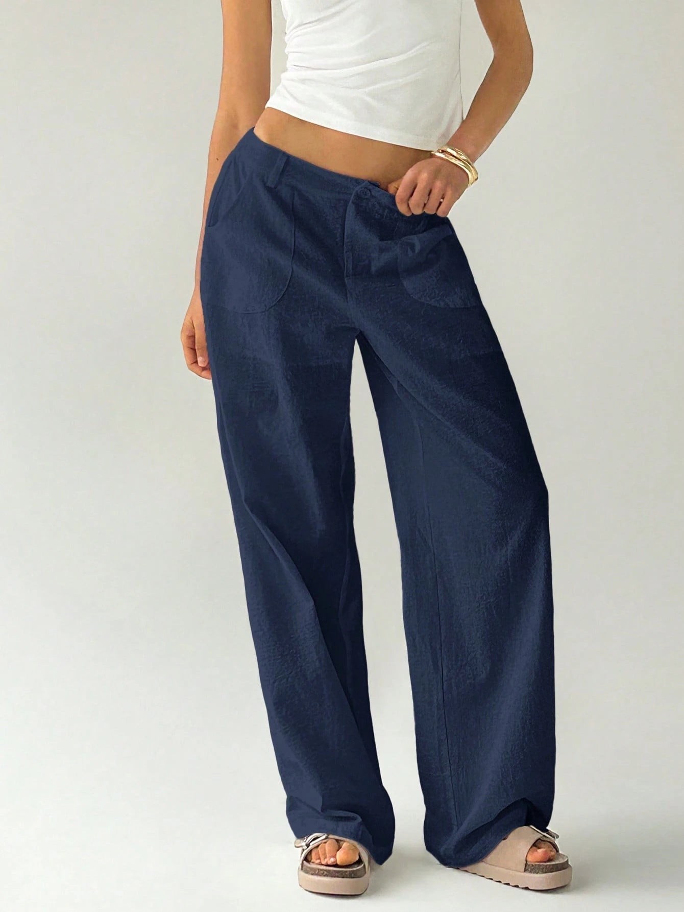Easelle Plain Casual Straight Leg Trousers With Pockets, Low-Rise