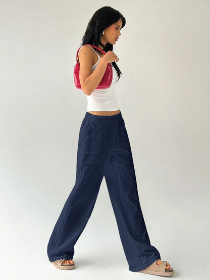 Easelle Plain Casual Straight Leg Trousers With Pockets, Low-Rise