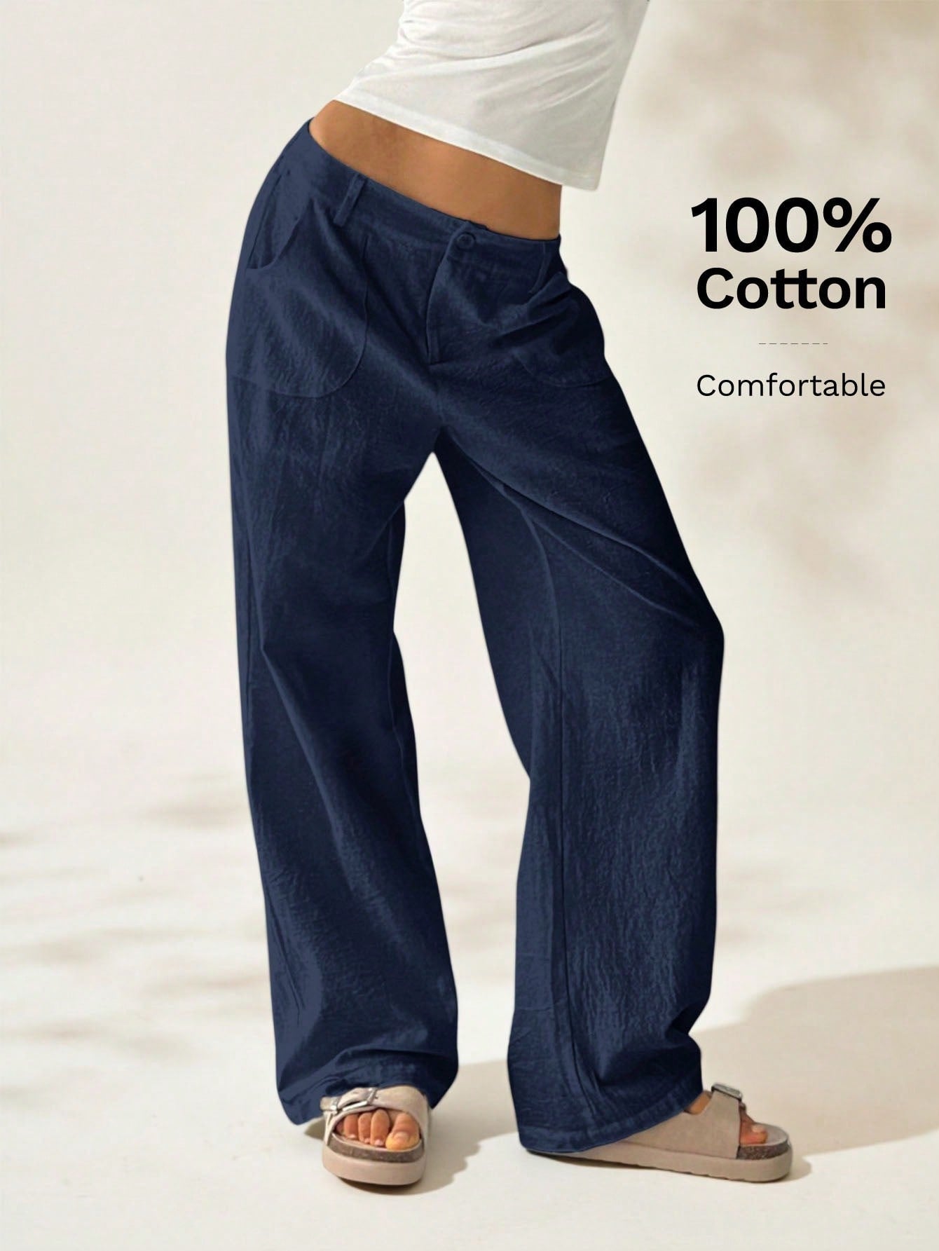 Easelle Plain Casual Straight Leg Trousers With Pockets, Low-Rise