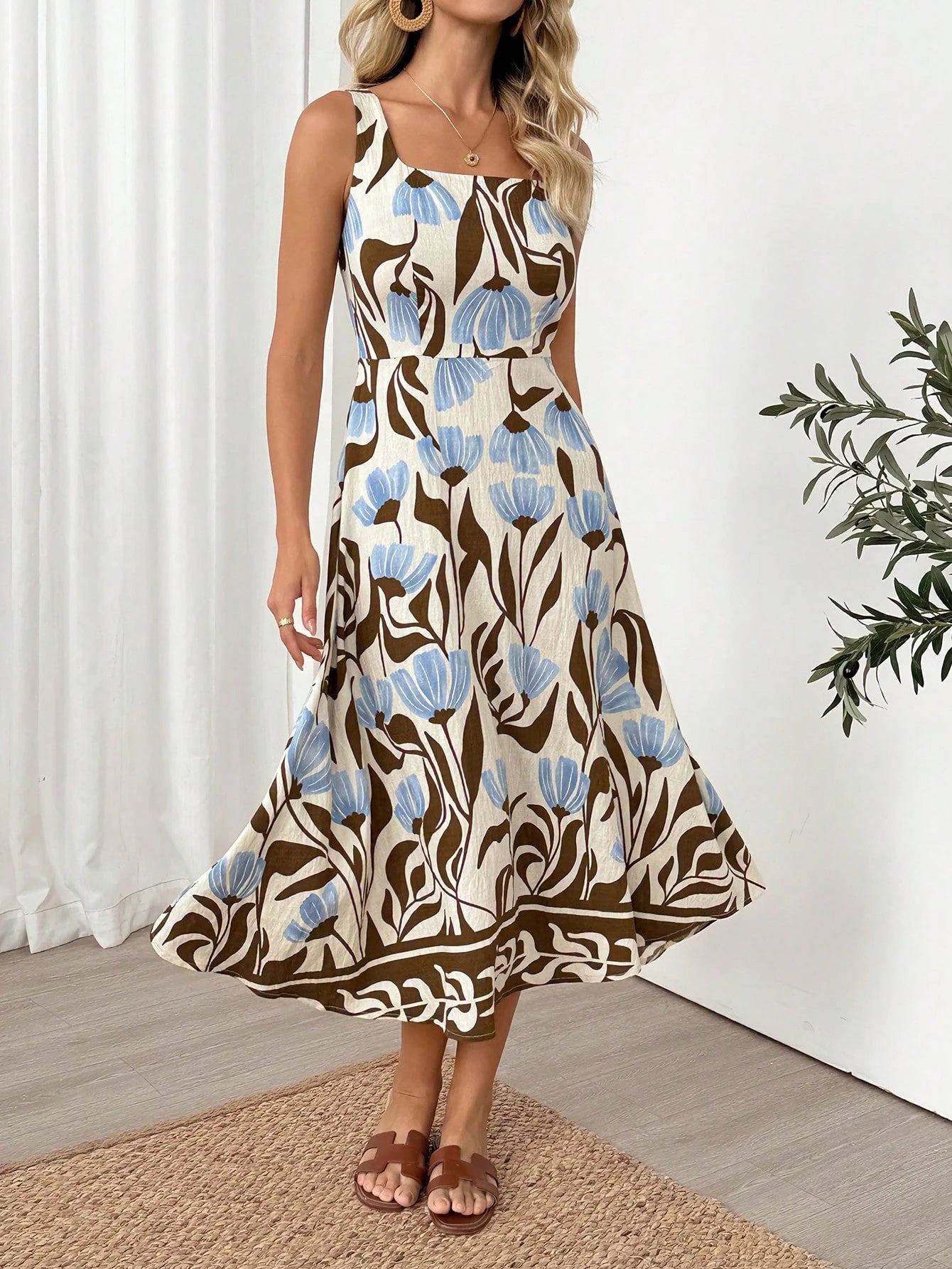 Easowa Women's Casual Elegant Boho Floral Print Sleeveless Midi Dress For Vacation, Dresses For Women Summer Dress Vacation Outfits Vacation Beige Vacation