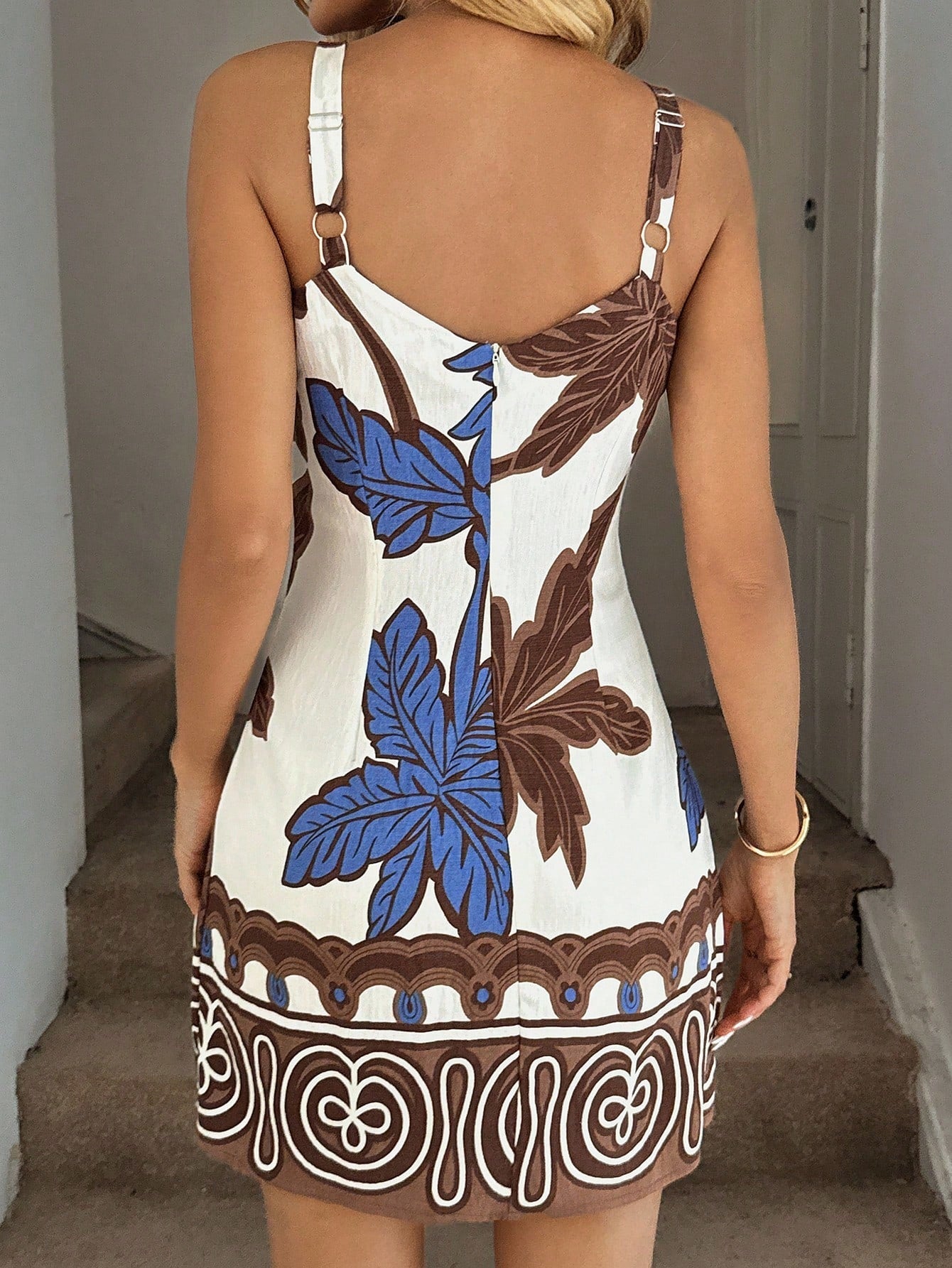 Easowa Women's Waist-Cinching A-Line Sleeveless Spaghetti Strap Mini Dress, Coconut Tree Floral Print, Casual Elegant Spring/Summer