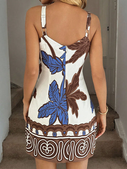 Easowa Women's Waist-Cinching A-Line Sleeveless Spaghetti Strap Mini Dress, Coconut Tree Floral Print, Casual Elegant Spring/Summer
