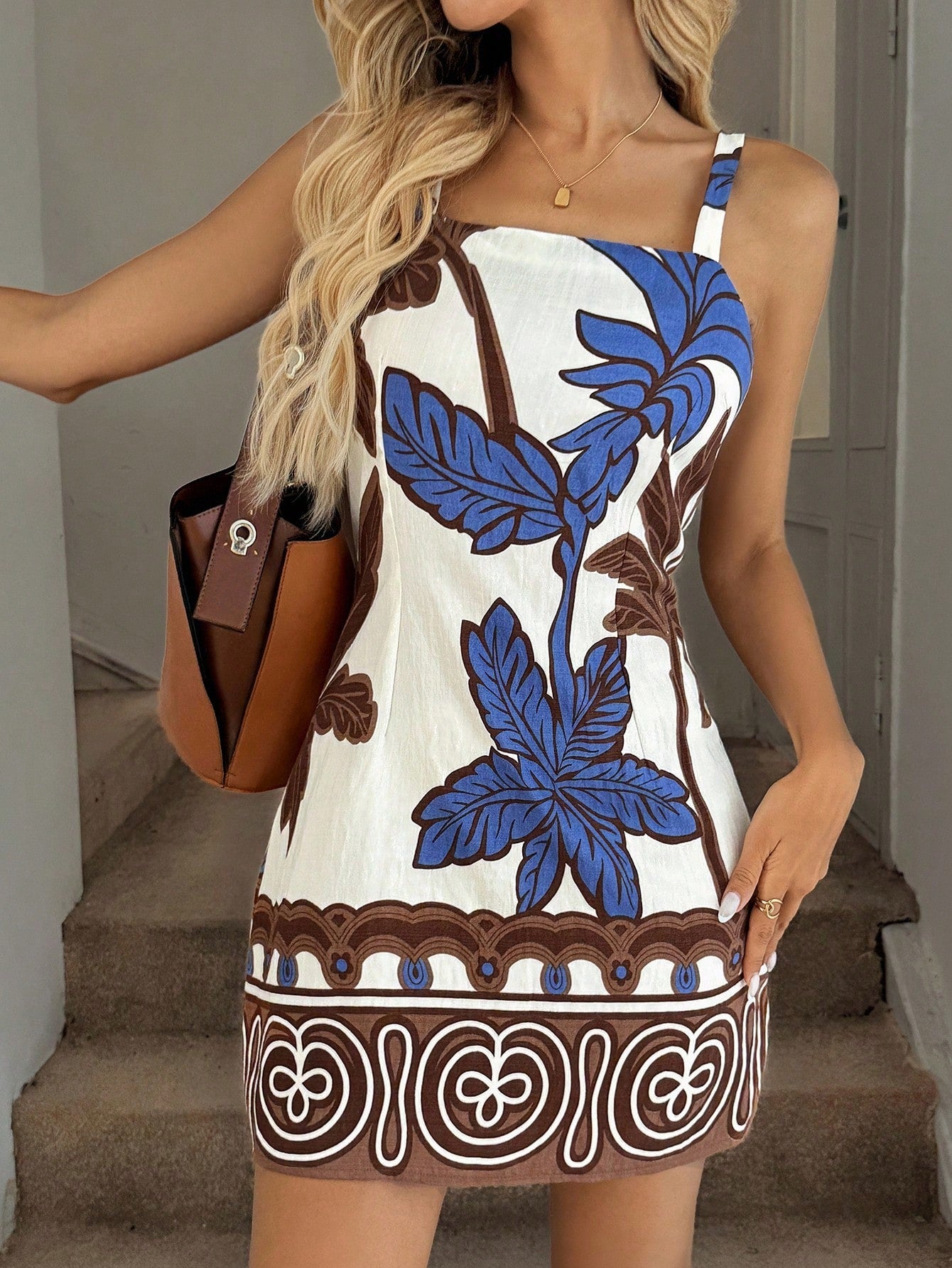 Easowa Women's Waist-Cinching A-Line Sleeveless Spaghetti Strap Mini Dress, Coconut Tree Floral Print, Casual Elegant Spring/Summer