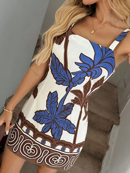Easowa Women's Waist-Cinching A-Line Sleeveless Spaghetti Strap Mini Dress, Coconut Tree Floral Print, Casual Elegant Spring/Summer